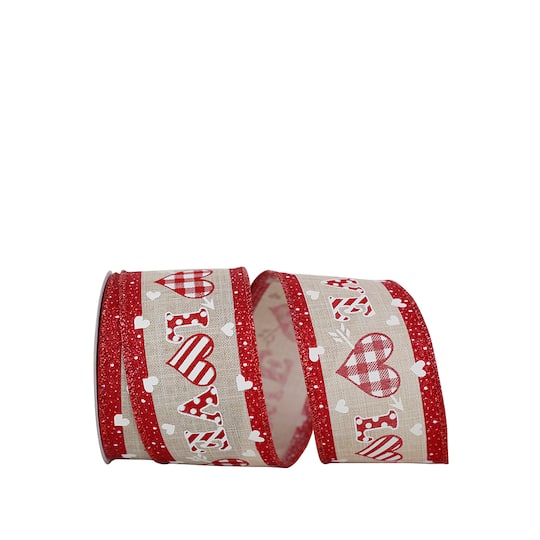 JAM Paper 2.5" x 10yd. Wired Faux Linen Gingham Heart Love Ribbon